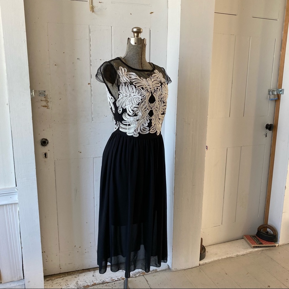 L&X Black Shear Chiffon White Soutache MIDI Dress - Picture 4 of 14